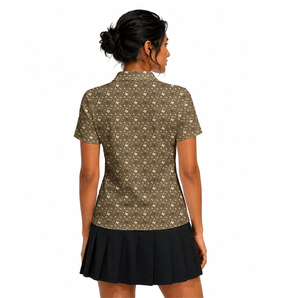 Lone Spur golf shirt for women in Tan on a golfer, back view
