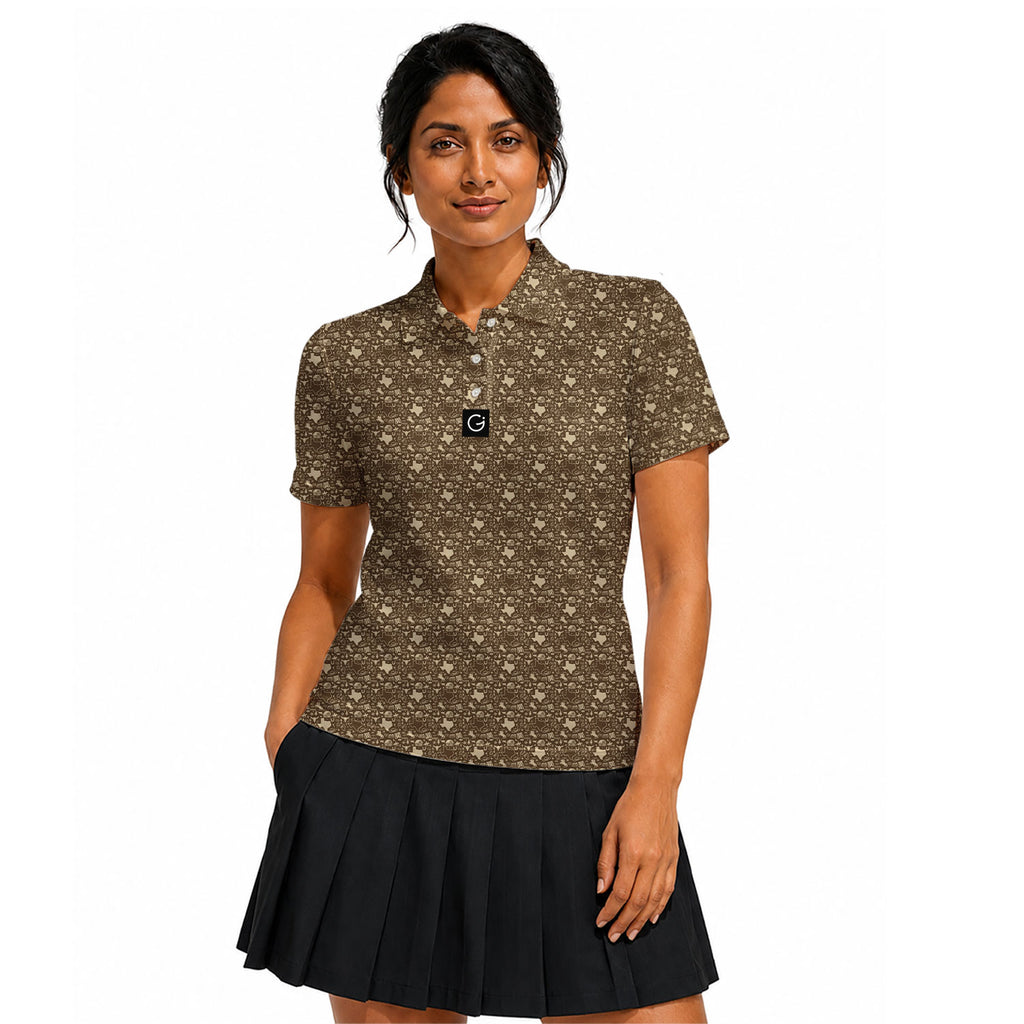 Lone Spur golf shirt for women in Tan on a golfer, front view