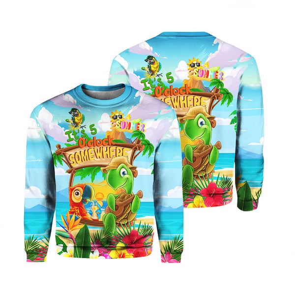 Parrot Turtle It's 5 O'clock Somewhere Beach Party Crewneck Sweatshirt All Over Print For Men & Women TH1291-Crewneck Sweatshirt-Gerbera Prints.