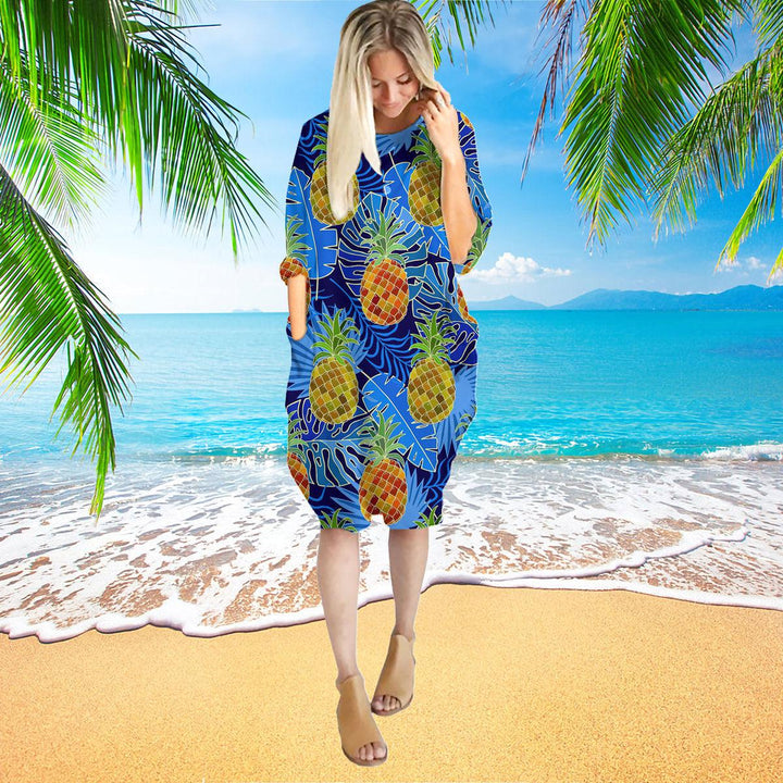 Pineapple Tropical Long Sleeve Midi Dress | MD1195