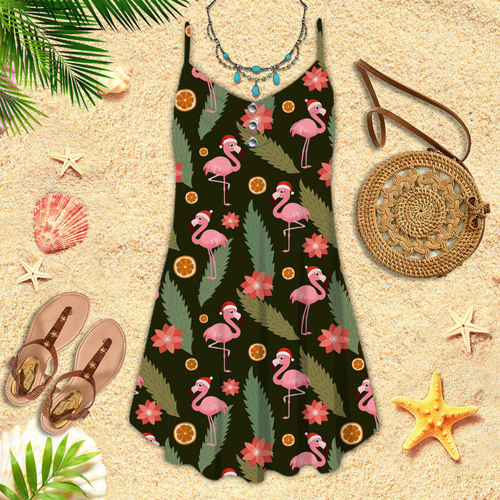 Pink Flamingo Happy Christmas In July Spaghetti Strap Summer Dress | SD1490