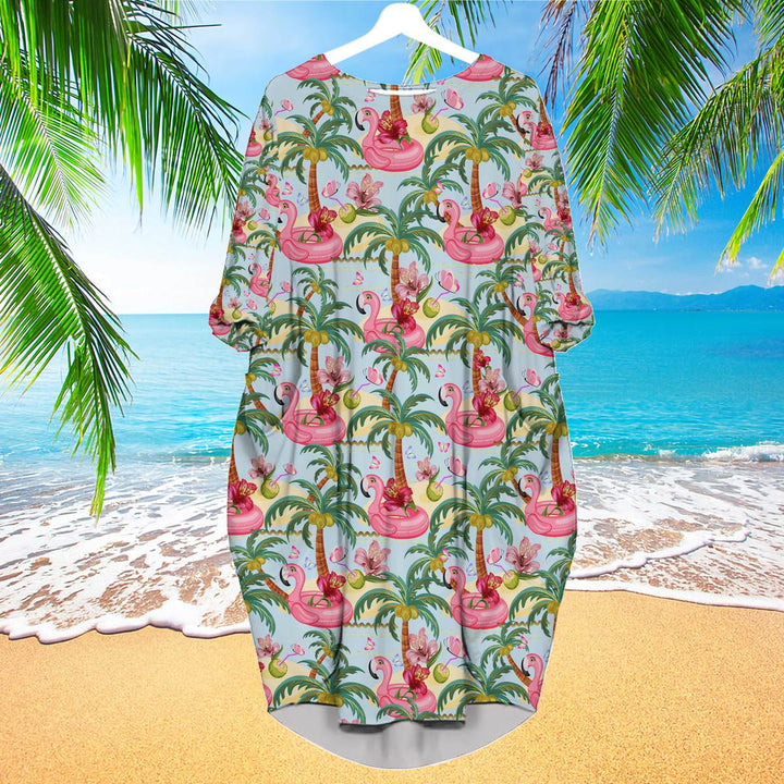 Pink Flamingos Summer Tropical Long Sleeve Midi Dress | MD1620