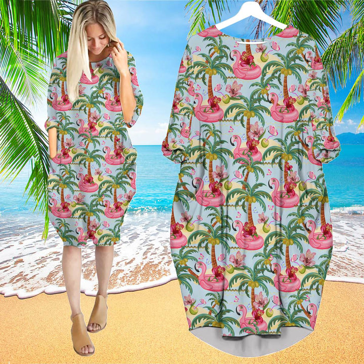 Pink Flamingos Summer Tropical Long Sleeve Midi Dress | MD1620