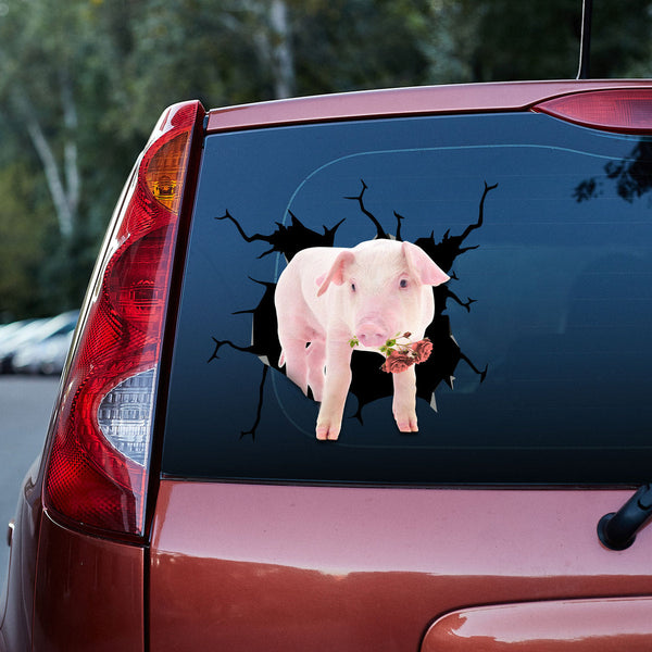 Pink Pig With Red Rose 3D Vinyl Car Decal Stickers CS5597