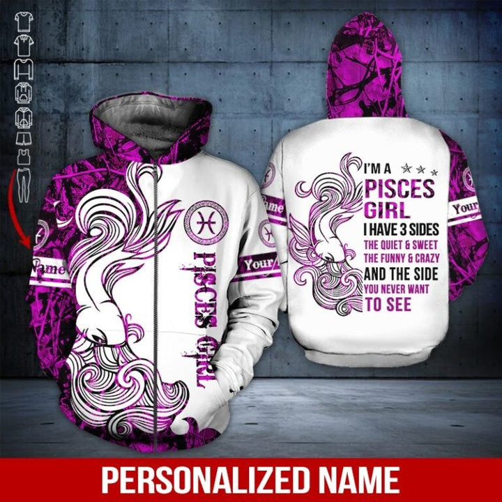 Pisces Girl Custom Name Zip UP Hoodie For Men & Women