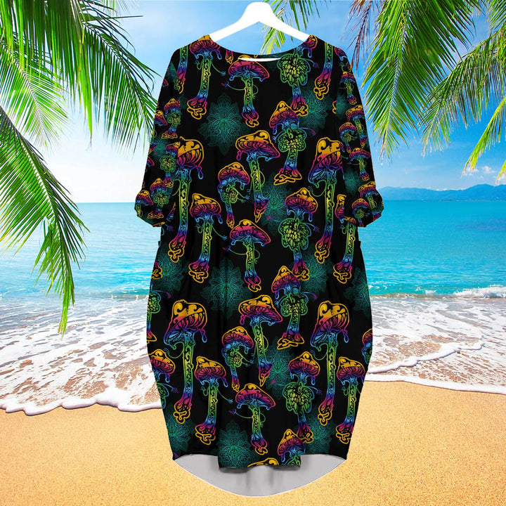 Psychedelic Magic Glowing Mushrooms Long Sleeve Midi Dress | MD1278