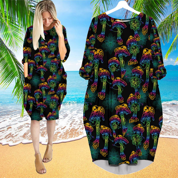 Psychedelic Magic Glowing Mushrooms Long Sleeve Midi Dress | MD1278