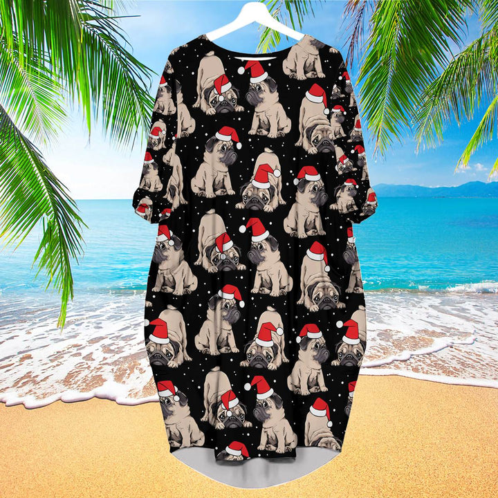 Puppy With Red Hat On Christmas In July Long Sleeve Midi Dress | MD1635