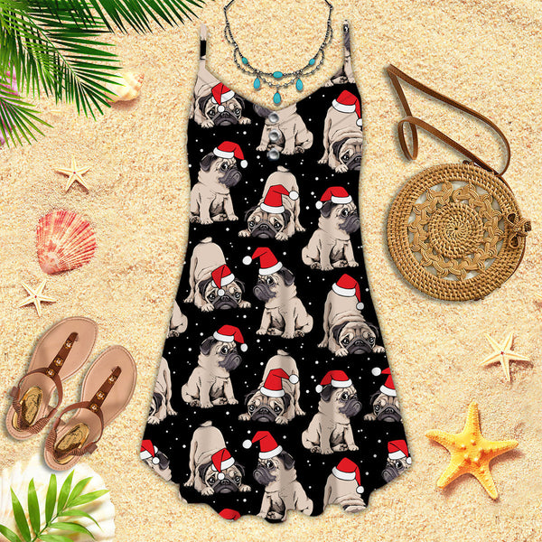 Puppy With Red Hat On Christmas In July Spaghetti Strap Summer Dress | SD1635