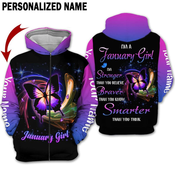 Purple Butterfly January Girl Custom Name Zip Up Hoodie For Men & Women