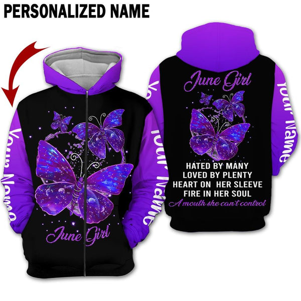 Purple Butterfly June Girl Custom Name Zip Up Hoodie For Men & Women