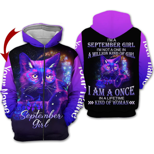 Purple Cat September Girl Custom Name Zip Up Hoodie For Men & Women
