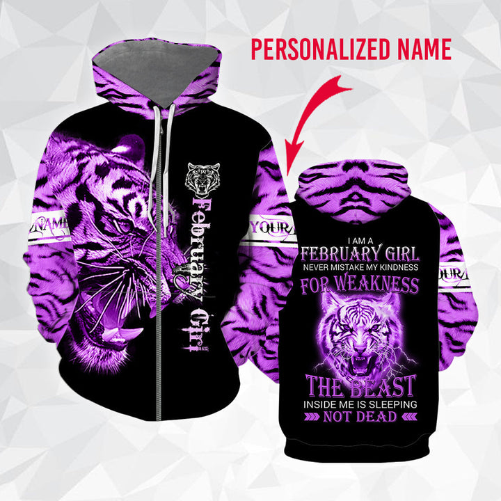 Purple Tiger February Girl Custom Name Zip Up Hoodie For Men & Women