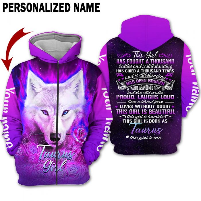 Purple Wolf Taurus Girl Custom Name Zip Up Hoodie For Men & Women