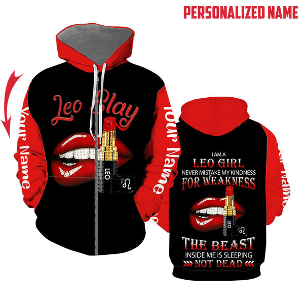 Red Lips Leo Guy Custom Name Zip UP Hoodie For Men & Women