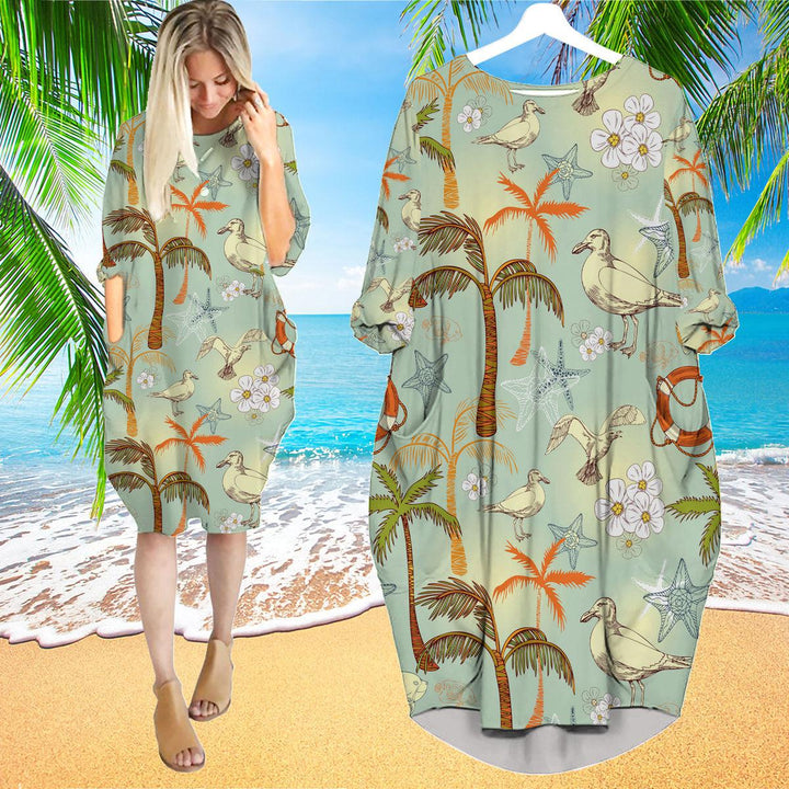 Retro Palm Tree On Beach Long Sleeve Midi Dress | MD1191