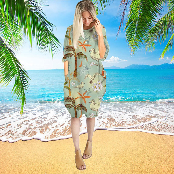 Retro Palm Tree On Beach Long Sleeve Midi Dress | MD1191