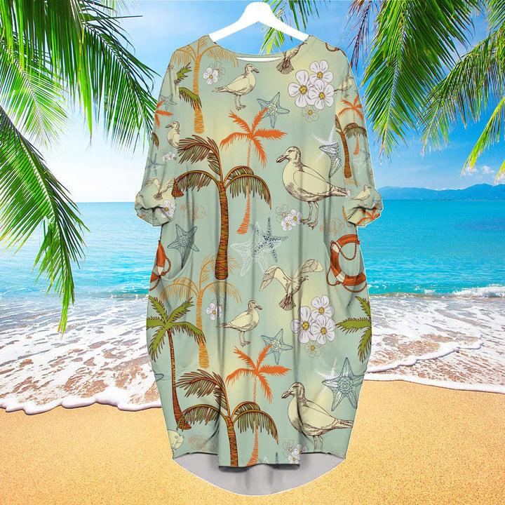 Retro Palm Tree On Beach Long Sleeve Midi Dress | MD1191