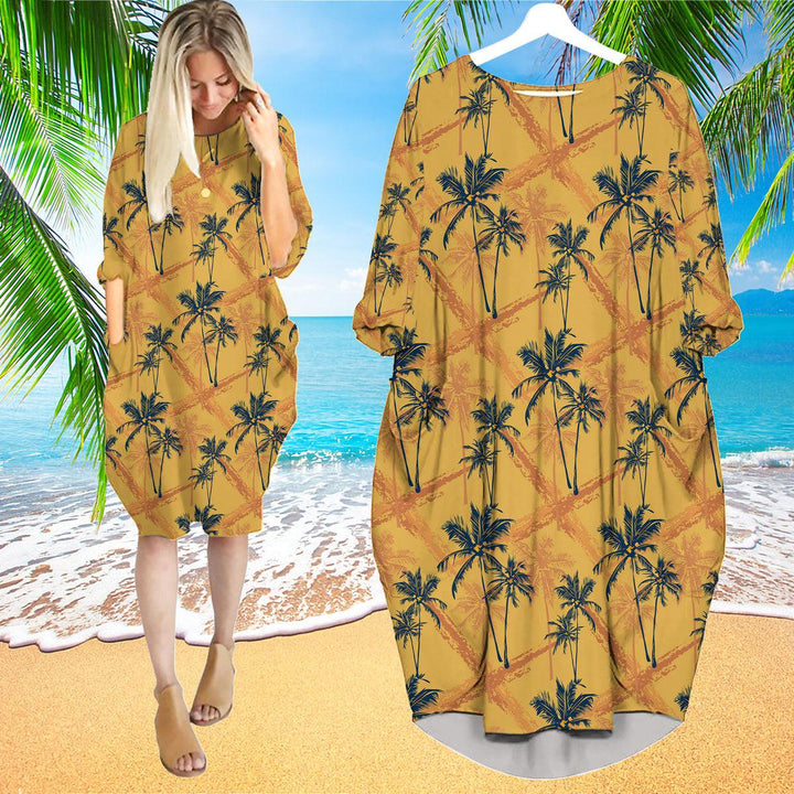 Retro Tropical Palm Tree Long Sleeve Midi Dress | MD1194