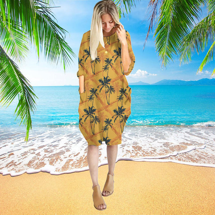 Retro Tropical Palm Tree Long Sleeve Midi Dress | MD1194