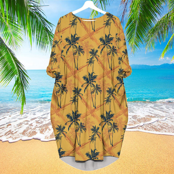 Retro Tropical Palm Tree Long Sleeve Midi Dress | MD1194