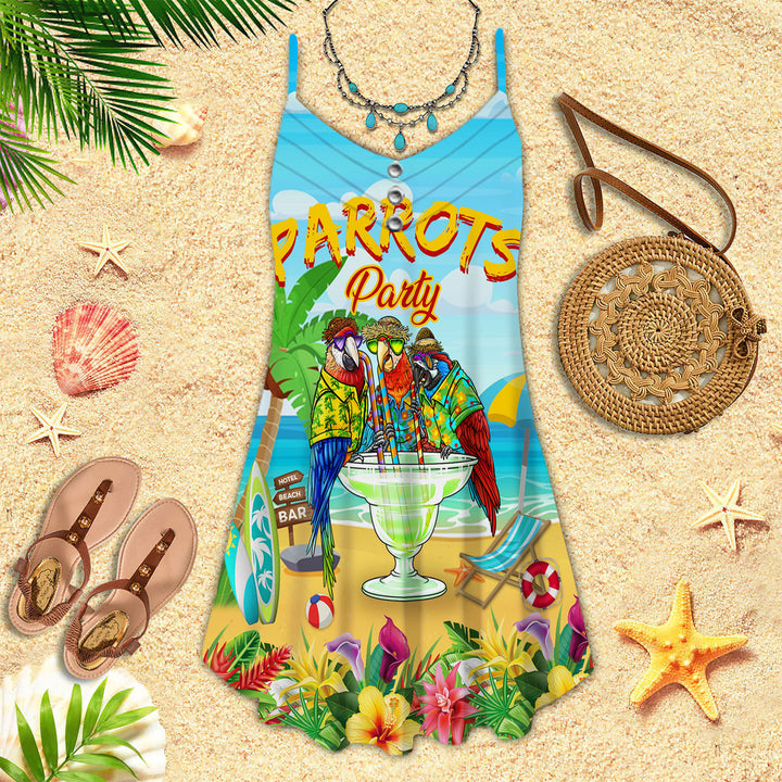 Parrots Party Drink Cocktail Tropical Spaghetti Strap Summer Dress