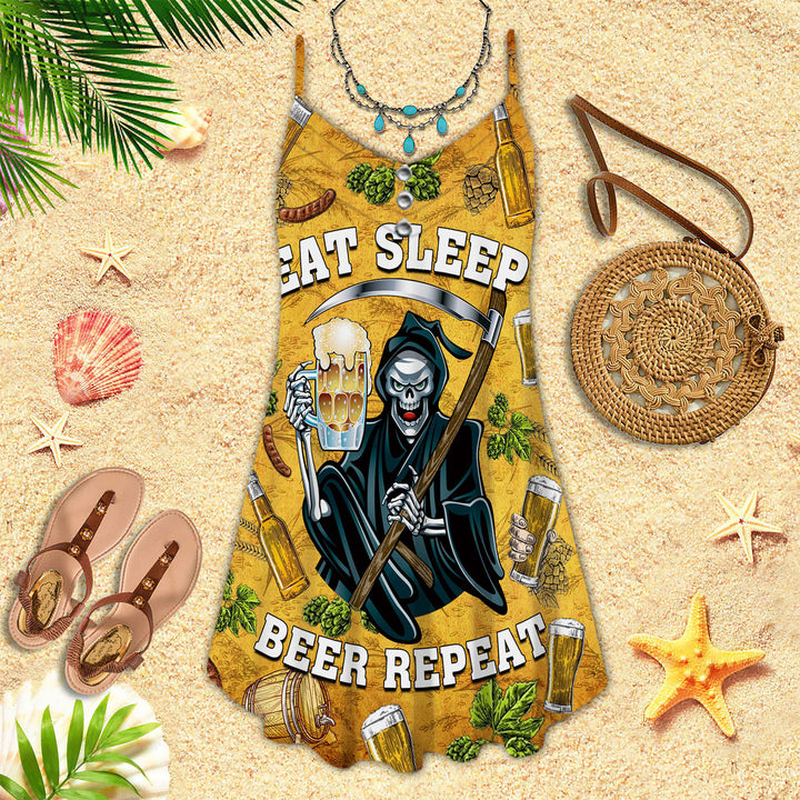 Oktoberfest Skeleton Eat Sleep Beer Repeat Barley Yellow Spaghetti Strap Summer Dress 