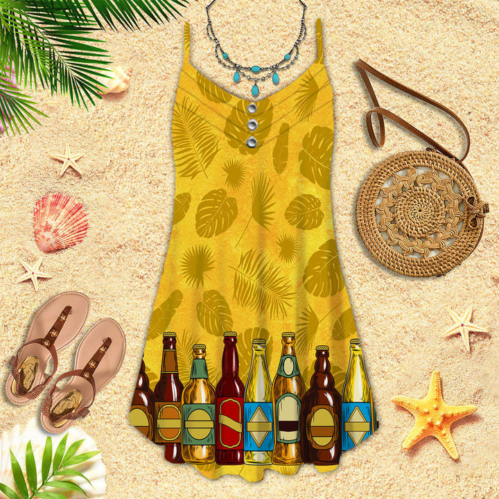 Oktoberfest Set Beer Tropical Leaves Pattern Yellow Spaghetti Strap Summer Dress 