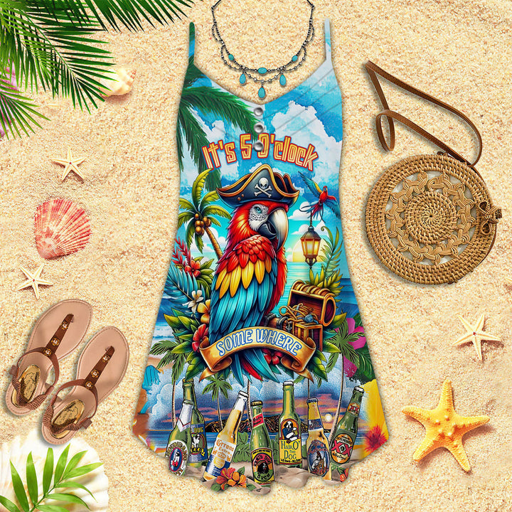 Parrot It's 5 O'Clock Somewhere Beer Party On The Beach Blue Spaghetti Strap Summer Dress