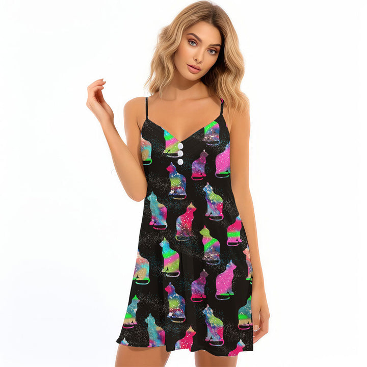 Cat Sits Silhouette Of A Bright Galaxy Spaghetti Strap Summer Dress