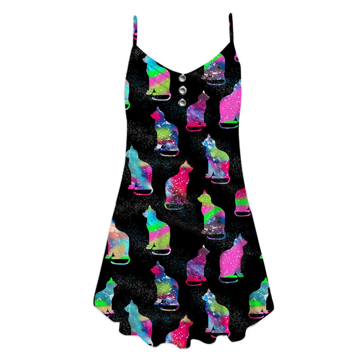 Cat Sits Silhouette Of A Bright Galaxy Spaghetti Strap Summer Dress