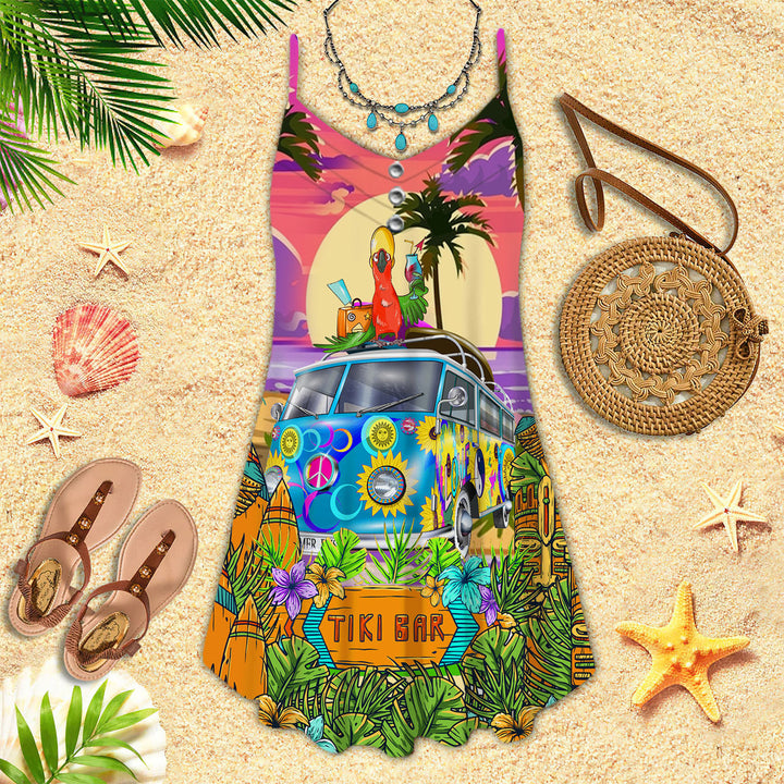 Parrots Tiki On Hippie Bus Spaghetti Strap Summer Dress