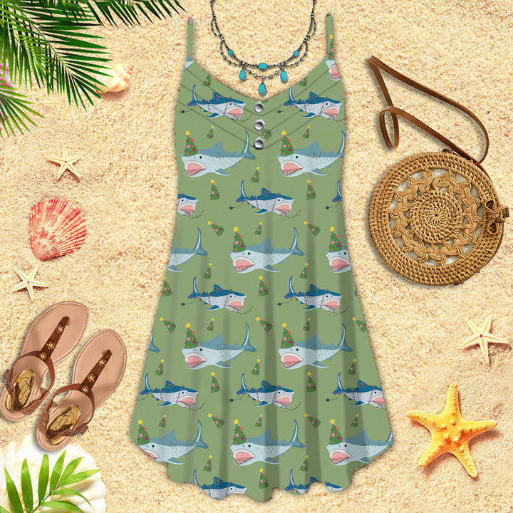 Green Shark Love Christmas In July Spaghetti Strap Summer Dress