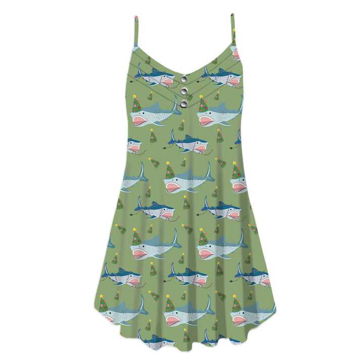 Green Shark Love Christmas In July Spaghetti Strap Summer Dress