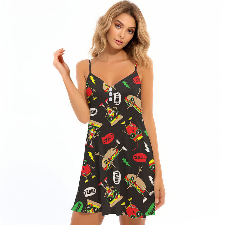 Funny Hot Dog Slice Pizza Spaghetti Strap Summer Dress