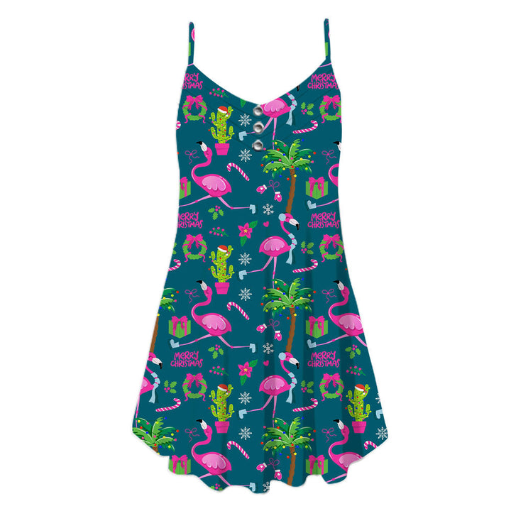 Santa Flamingo Christmas Spaghetti Strap Summer Dress