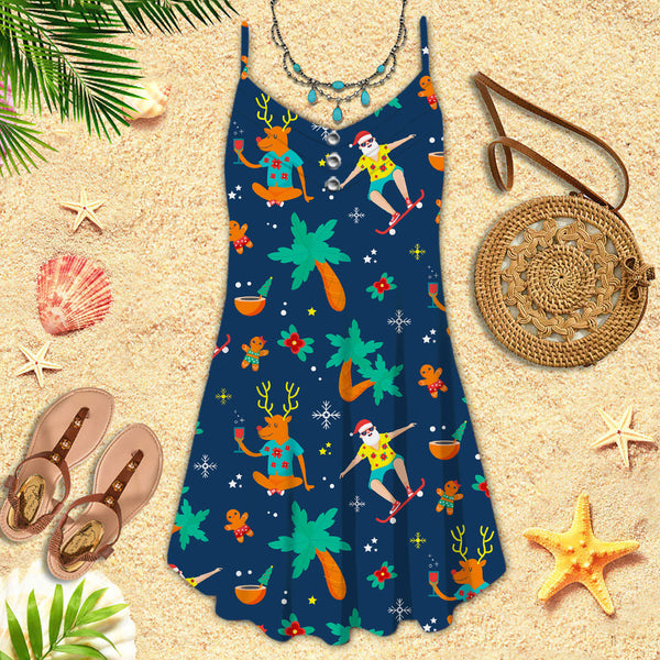 Christmas In July Santa Surfing Spaghetti Strap Summer Dress