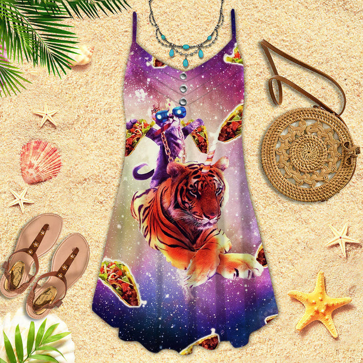 Outer Space Galaxy Funny Cat Pimp Daddy On Tiger Unicorn Flying Tacos Spaghetti Strap Summer Dress