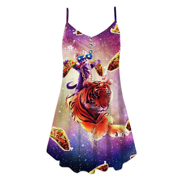 Outer Space Galaxy Funny Cat Pimp Daddy On Tiger Unicorn Flying Tacos Spaghetti Strap Summer Dress