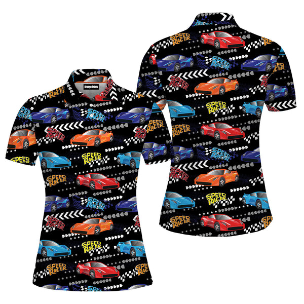 Speed Racer Car On Grunge Cracked Shape Polo Shirt For Women