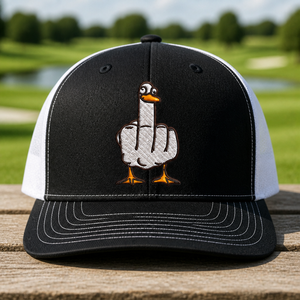 Duck You Embroidered Trucker Hat - Front View, Black - White