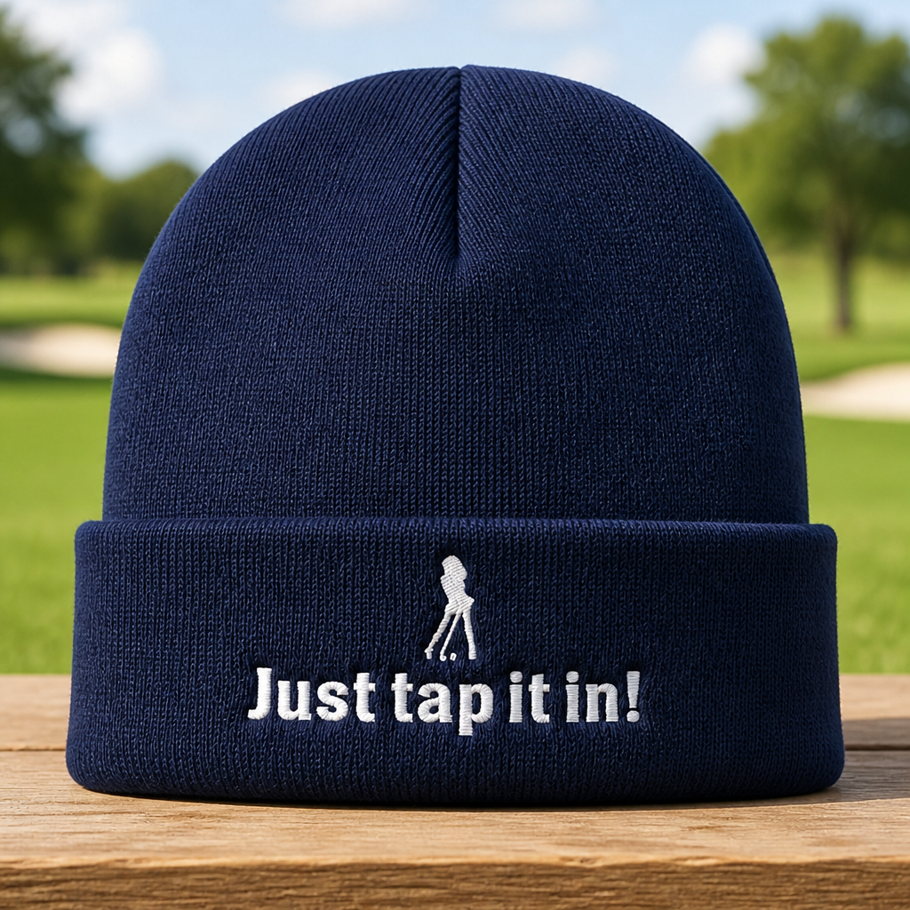 Just Tap It In! Embroidered Beanie - Front View, Navy