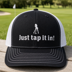 Just Tap It In! Embroidered Trucker Hat - Front View, Black - White