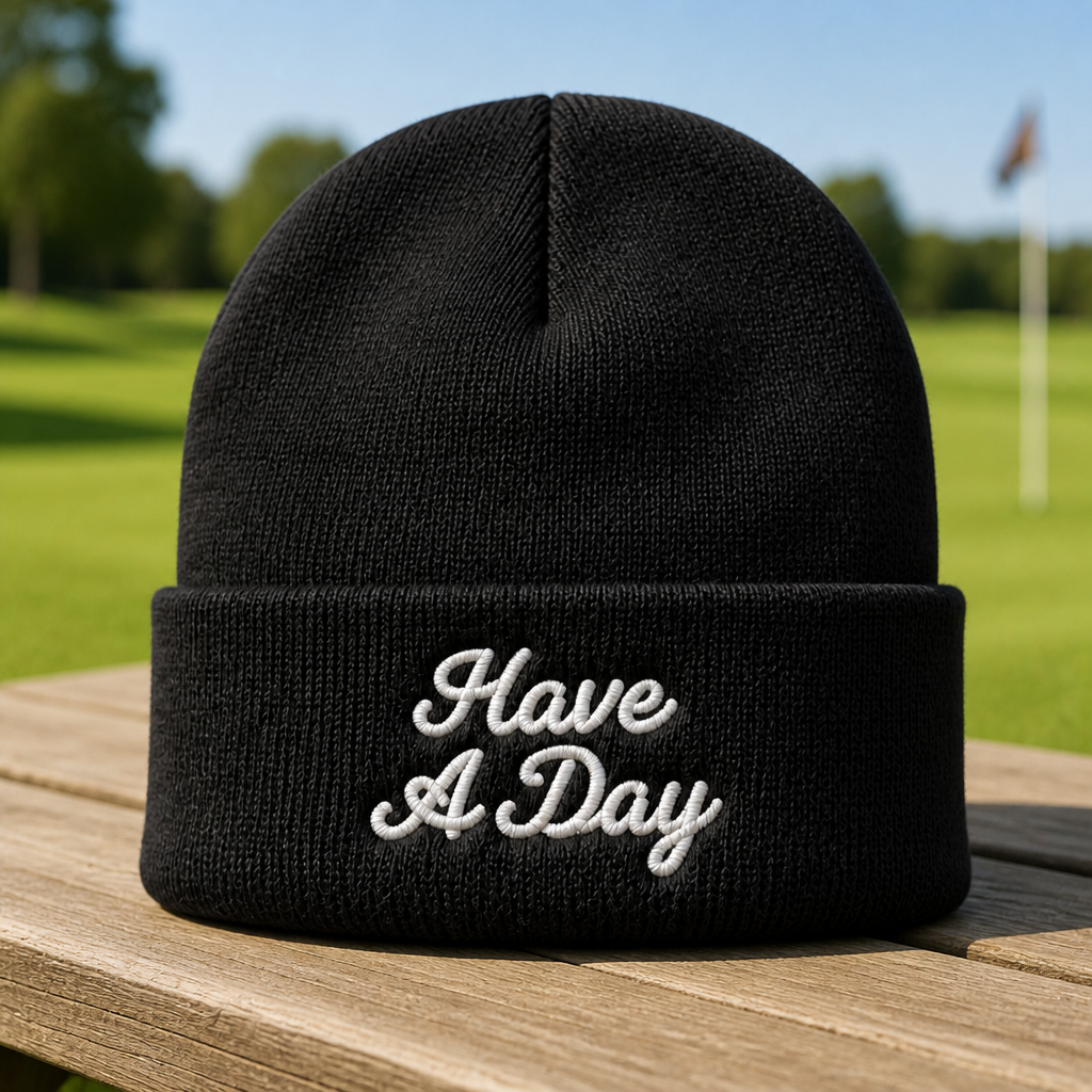 Have a Day Embroidered Beanie - Front View, Black