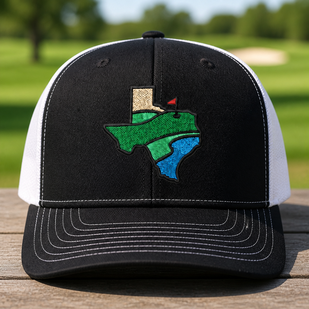 Texas Embroidered Trucker Hat - Front View, Black - White