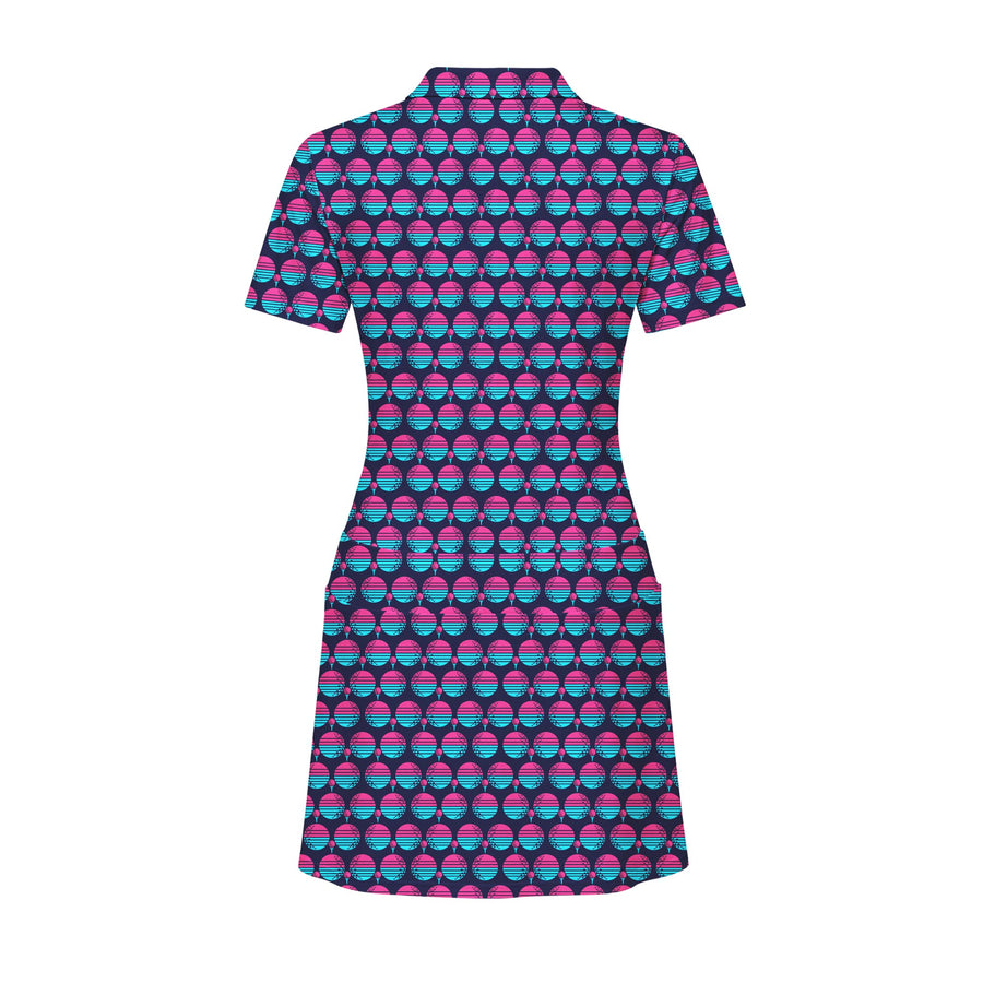 Back preview of Synthwave Bogey Sun Short Sleeve Dress with your team and number