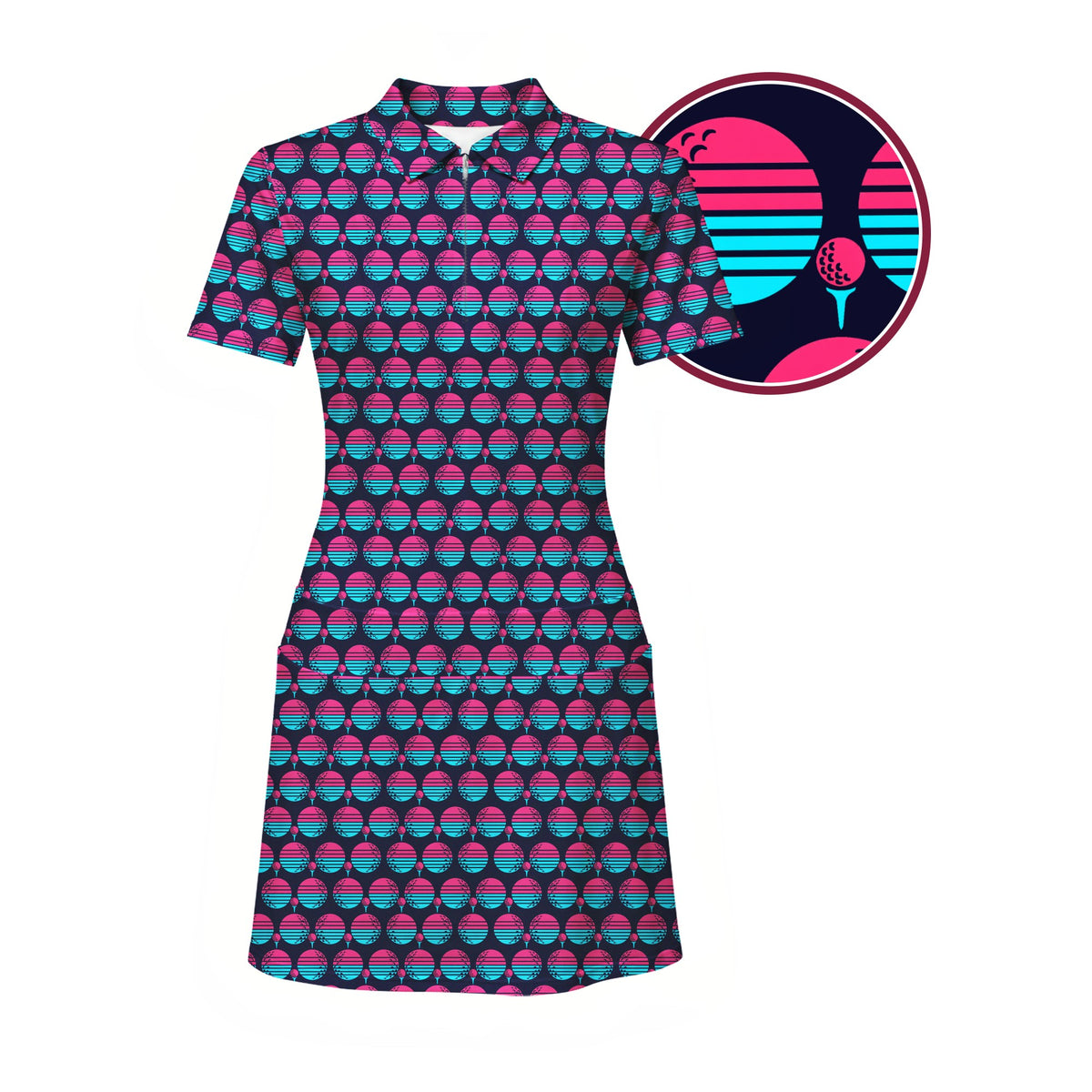 Synthwave Bogey Sun Short Sleeve Golf Dress - Detail Close-up