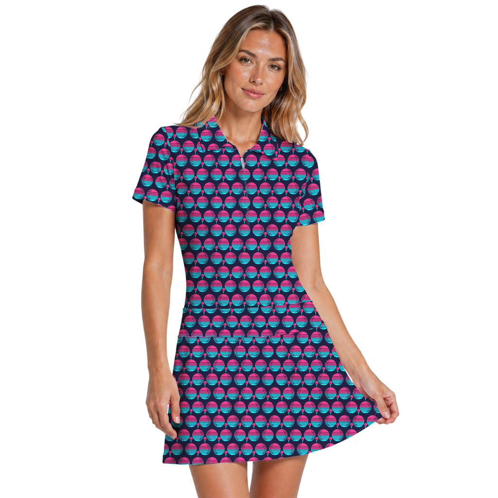 Synthwave Bogey Sun Short Sleeve Golf Dress - Model Front