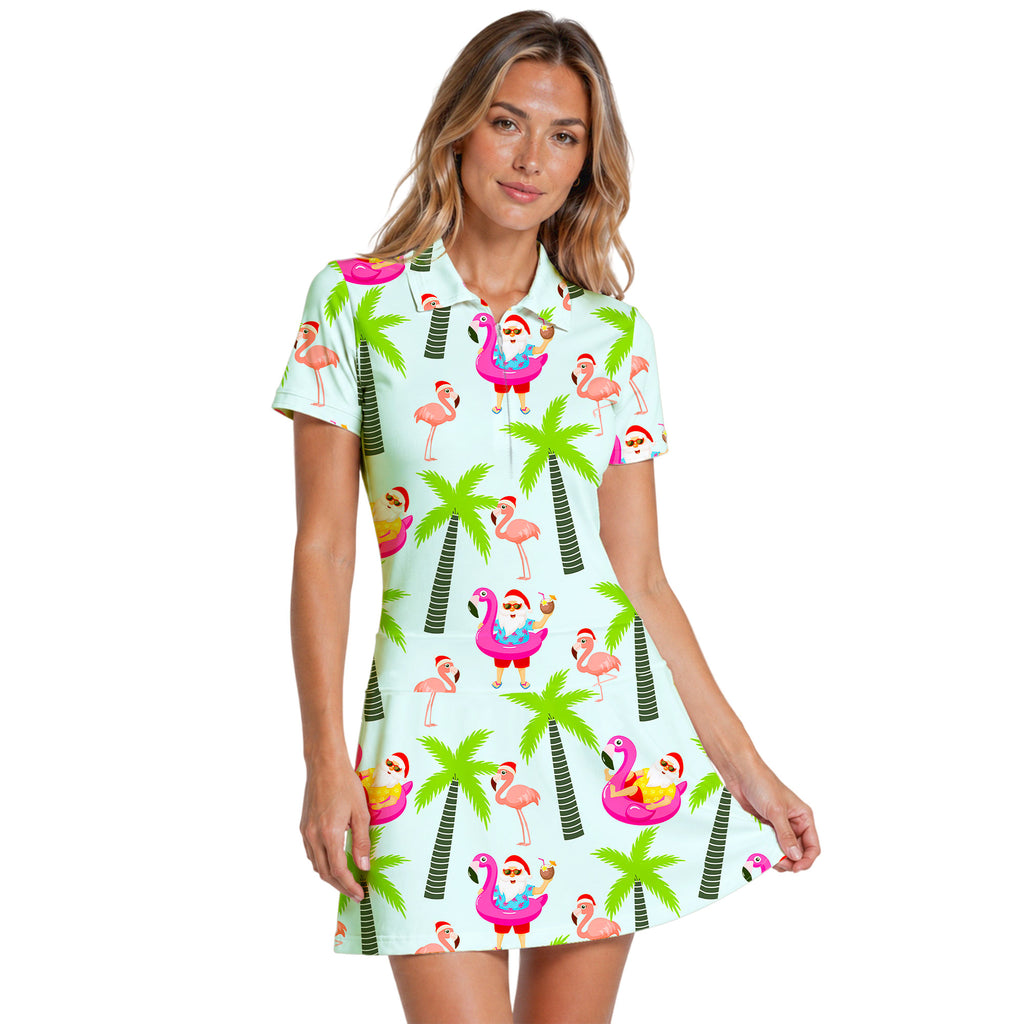 Amazing Santa Claus Flamingo On The Beach Short Sleeve Dress