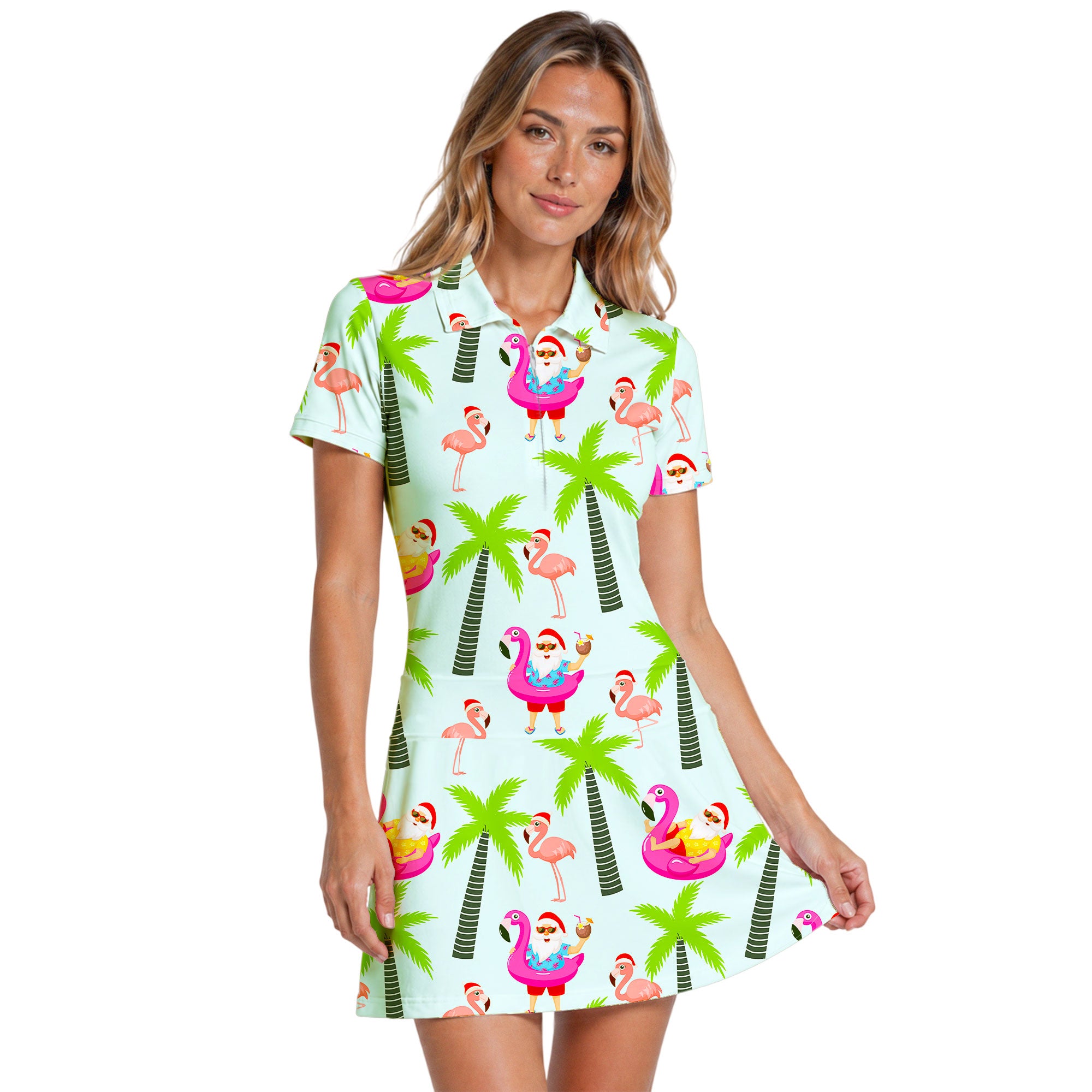 Amazing Santa Claus Flamingo On The Beach Short Sleeve Dress